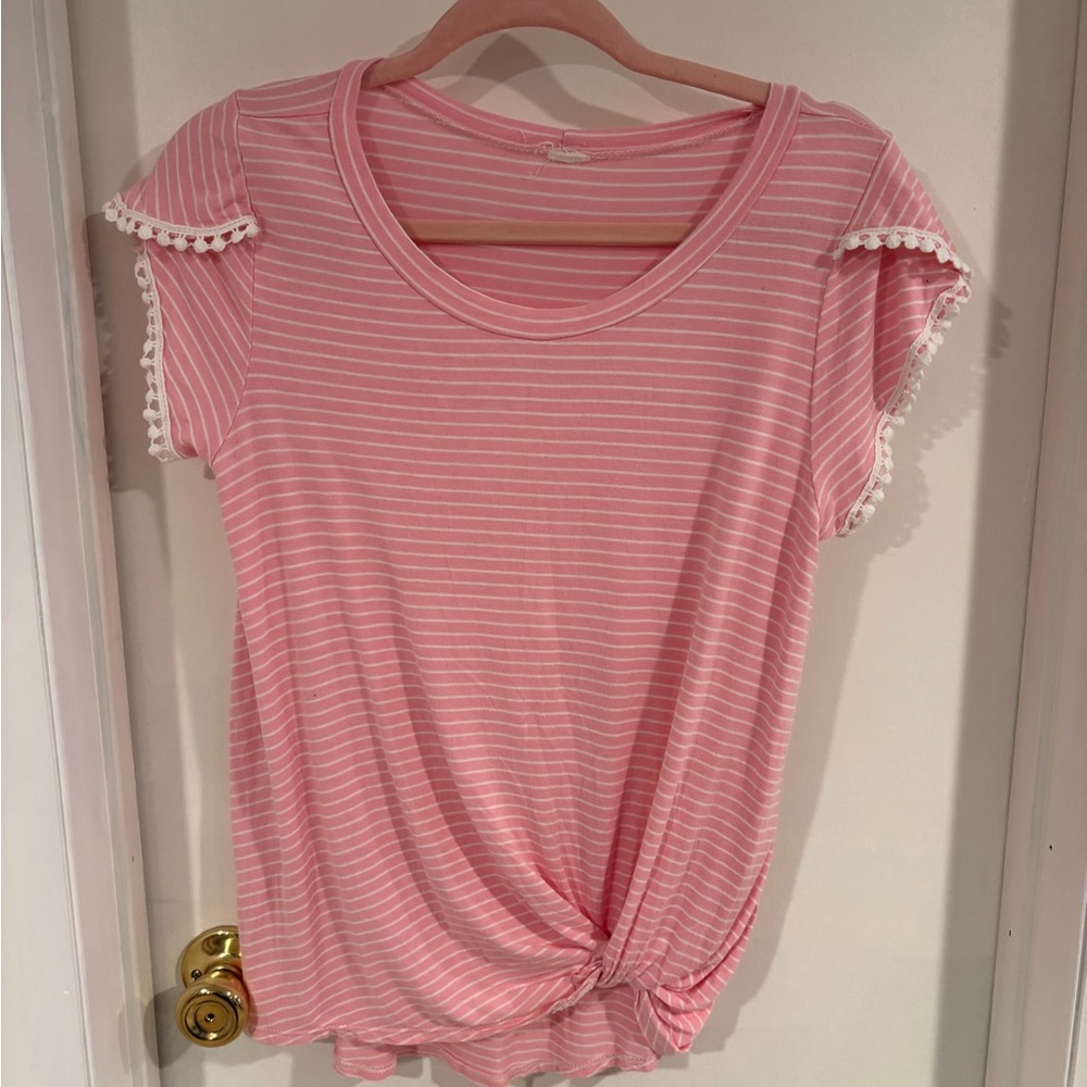 Pink Lily striped tie knot cap sleeve shirt Medium
